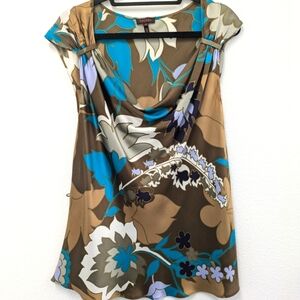 Escada Floral Print Cowl Neck Silk Blouse sz 44/L Business Casual Quiet Luxury
